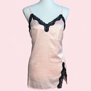 Victoria's Secret Pink Satin Slip with Black Lace Trim